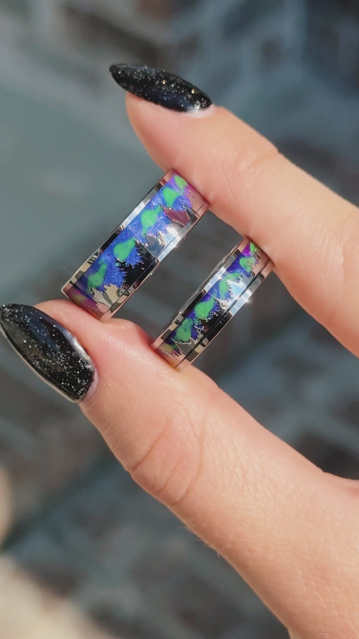 Aurora Borealis Forest Couples Ring Set- Northern Lights & Trees