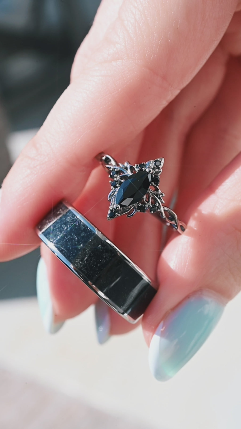 Black Onyx Couples Ring Set – Gothic Marquise + Mens Tungsten