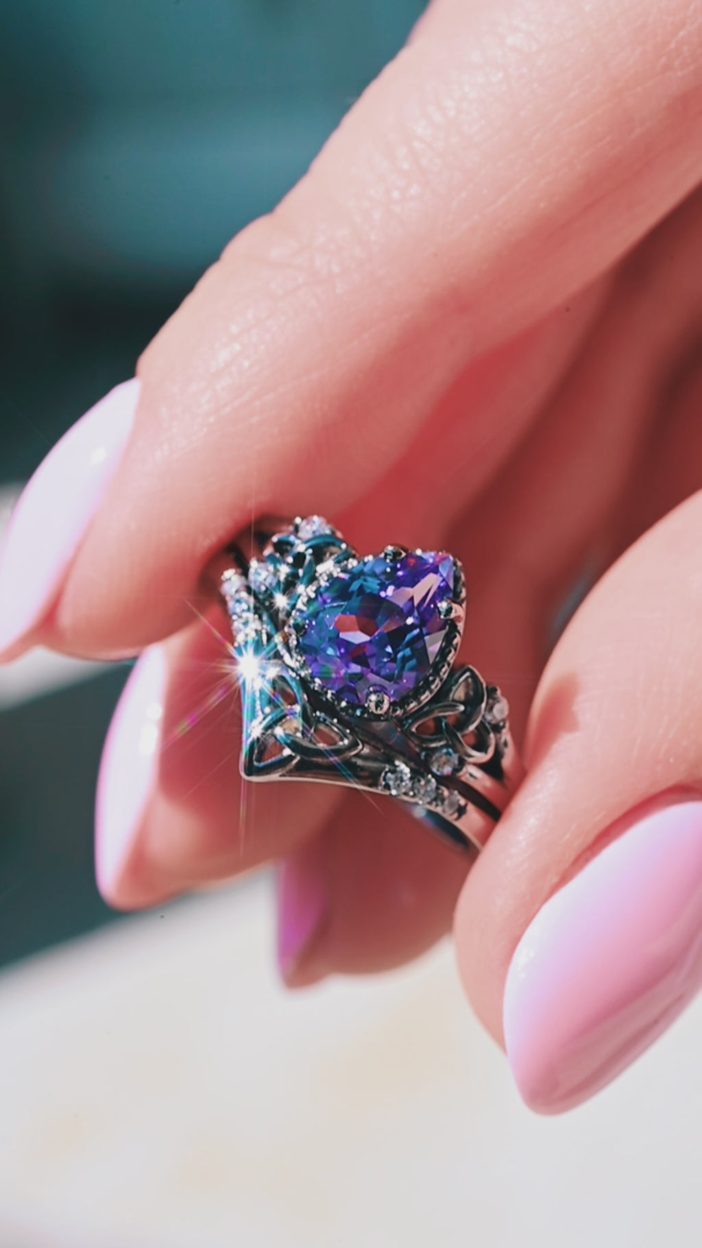 Video of a Celtic alexandrite ring set by Aquamarise, shown in motion
