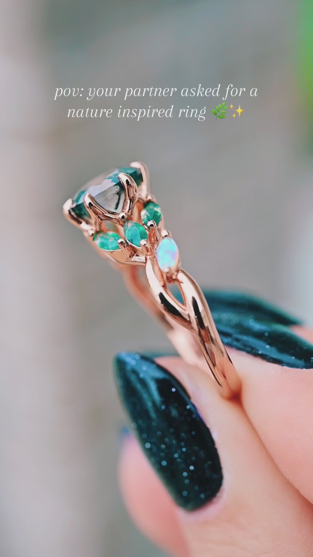 Enchanted Garden Green Moss Agate & Fire Opal Ring- 14K Solid Rose Gold