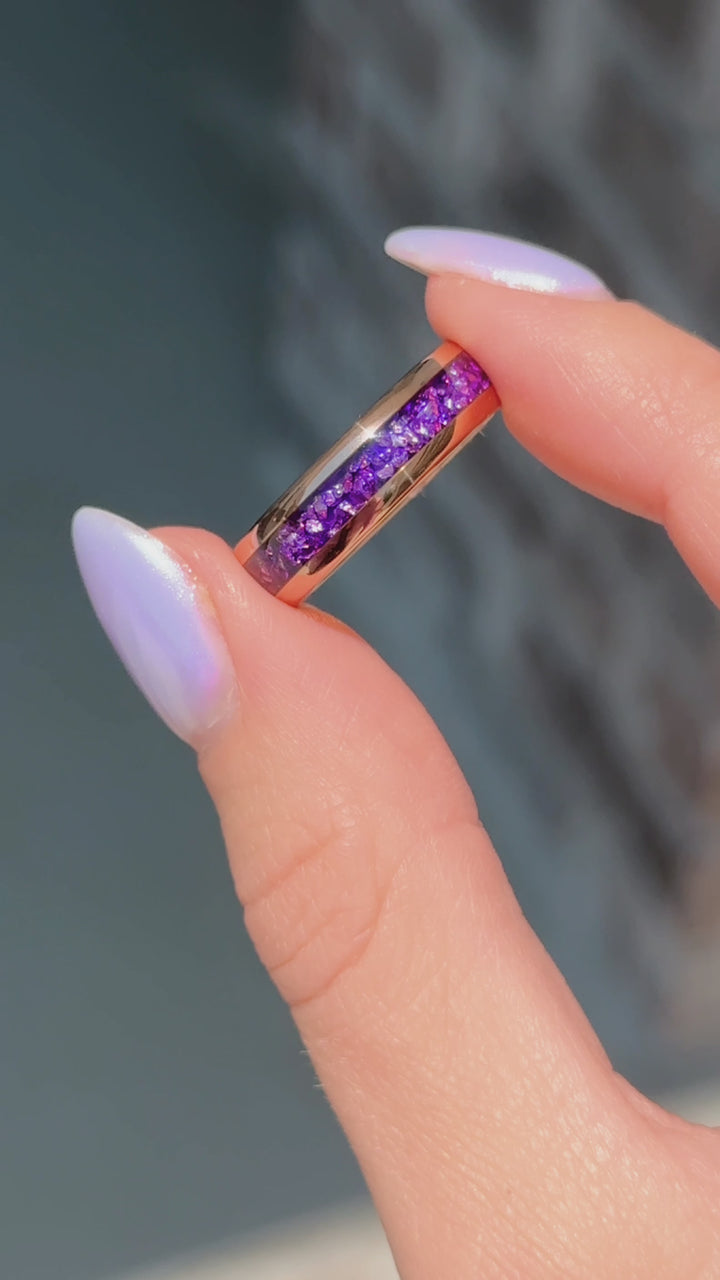 Crushed Amethyst Wedding Band- 6MM Rose Gold Tungsten