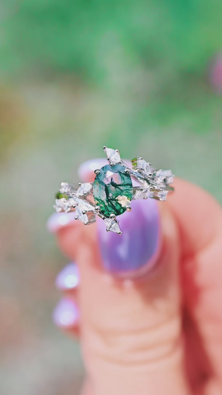 Green Moss Agate Leaf Ring- 14K White Gold