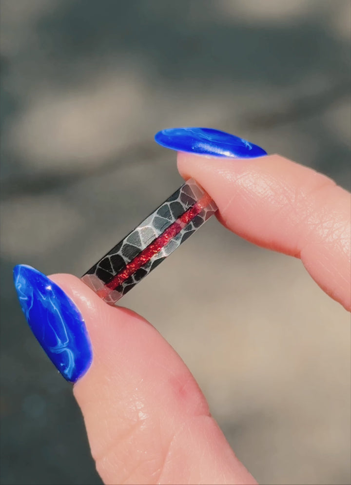 Crushed Red Garnet Dragon Wedding Band- 6mm Black Tungsten