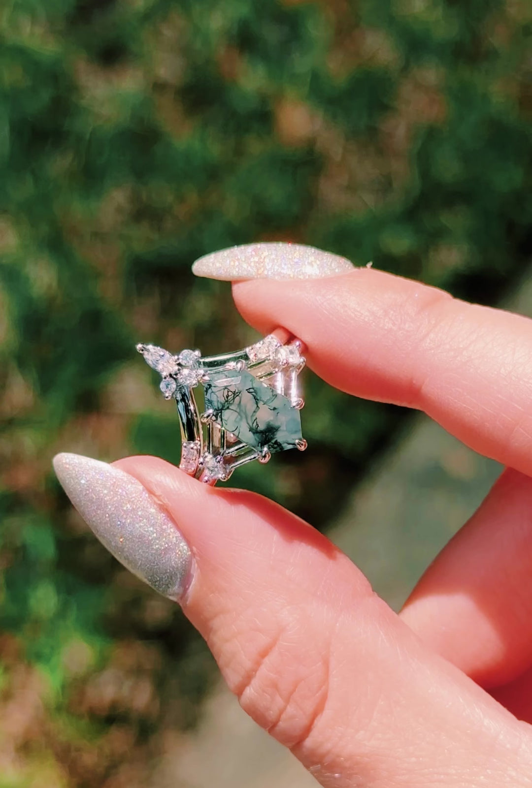 Celtic Hexagon Green Moss Agate Ring Set- 925 Sterling Silver