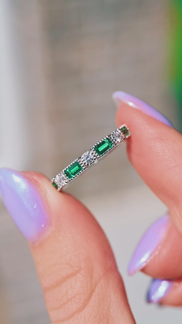 Ari Art Deco Emerald Wedding Band- 925 Sterling Silver