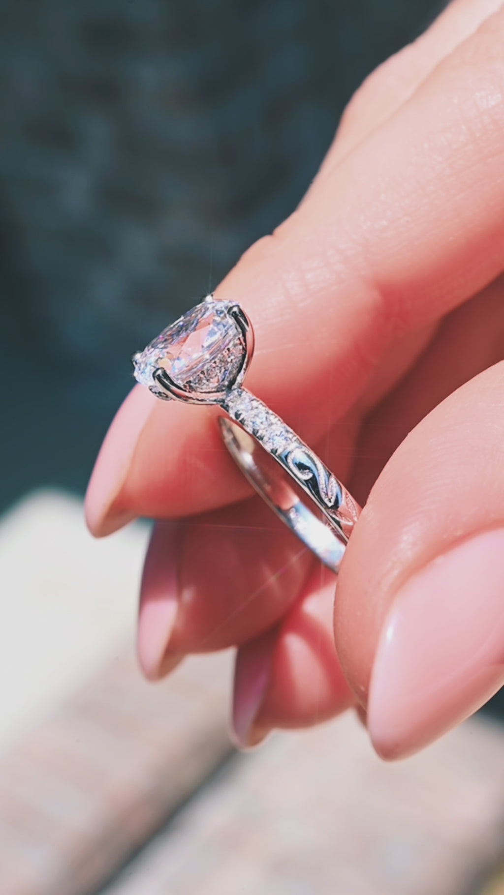 Video of the Bliss oval diamond engagement ring in 14K white gold by Aquamarise Gold, shown in motion