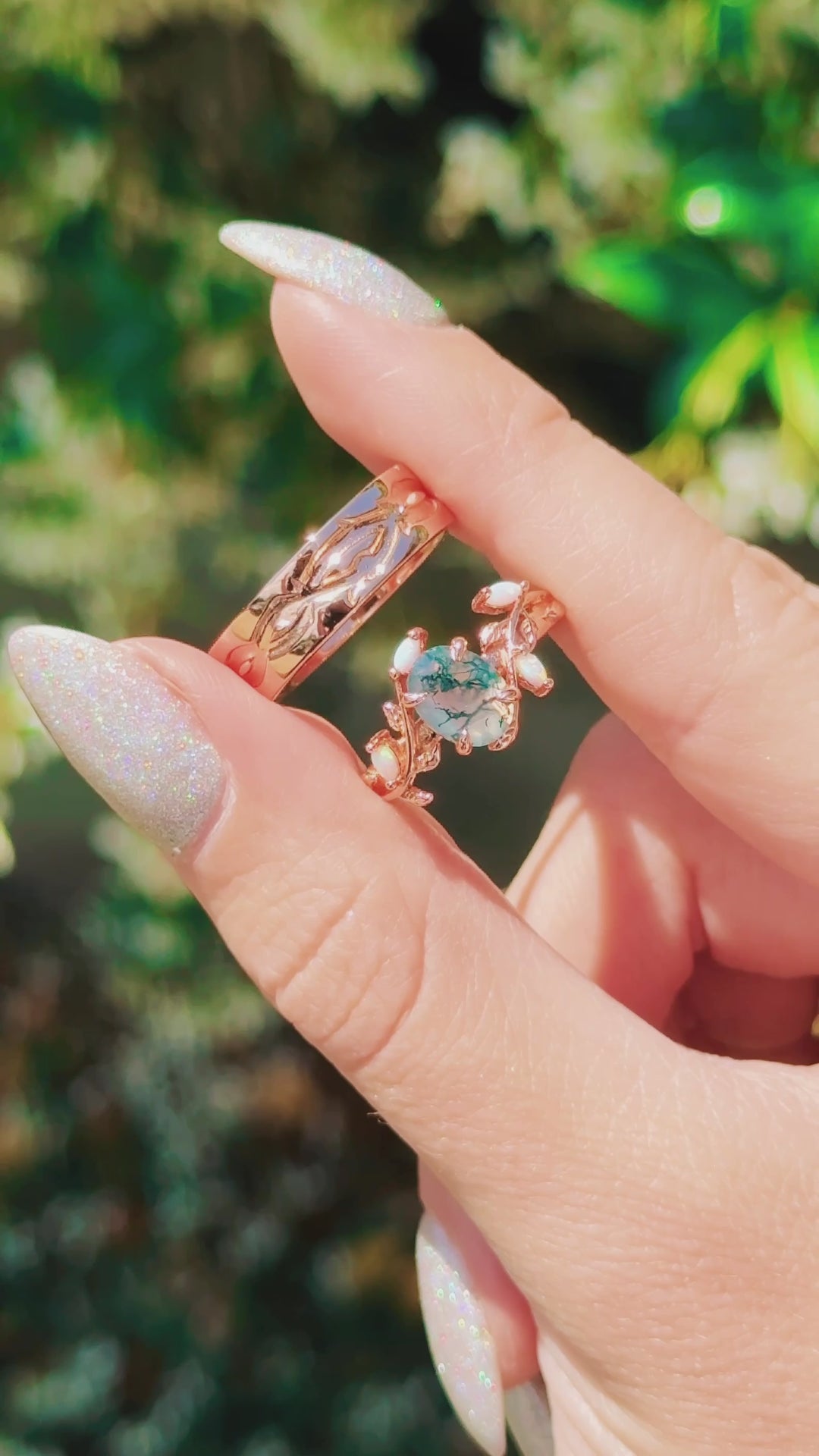 Moss Agate & Australian Opal Leaf Couples Ring