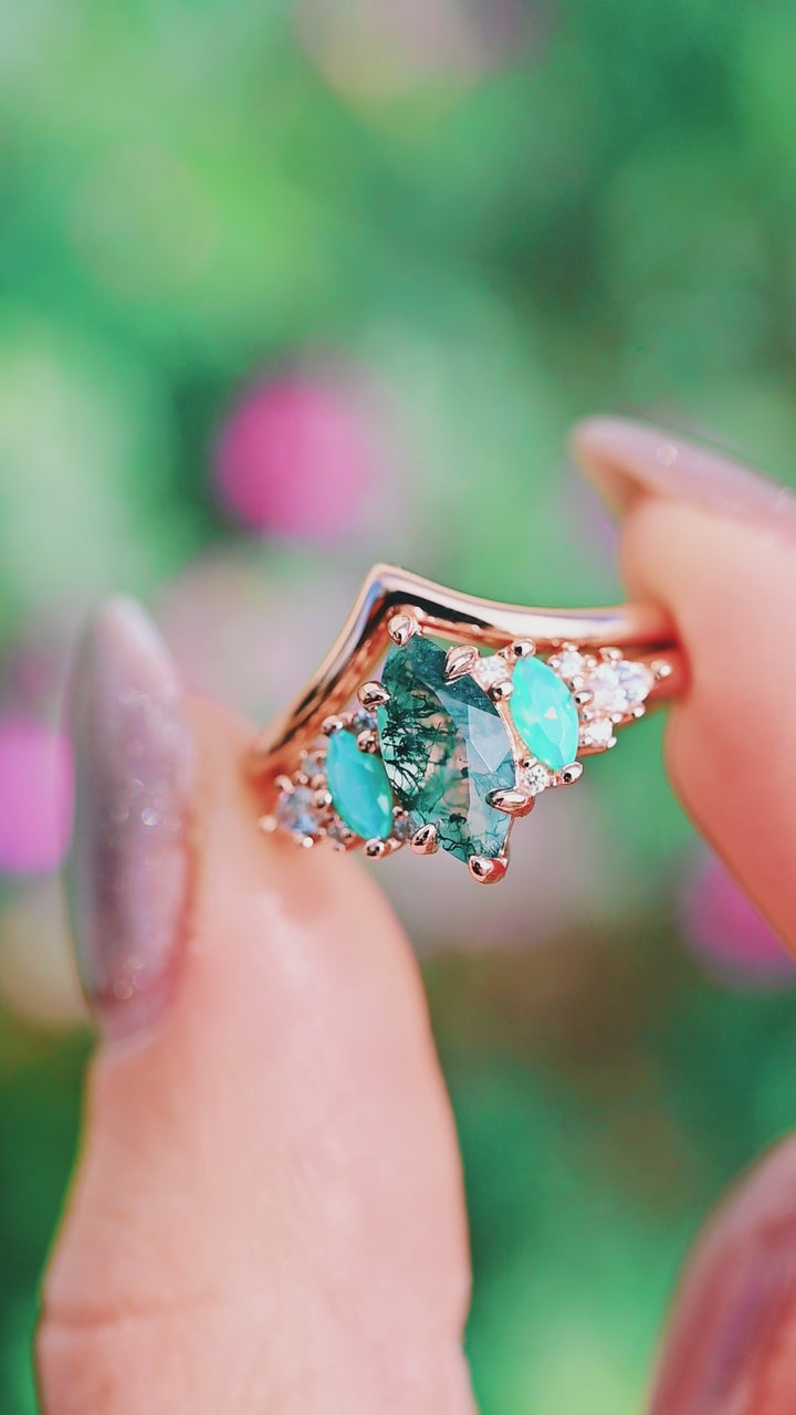 Emerie Moss Agate & Opalescent Sapphire Ring Set- 14K Rose Gold Vermeil