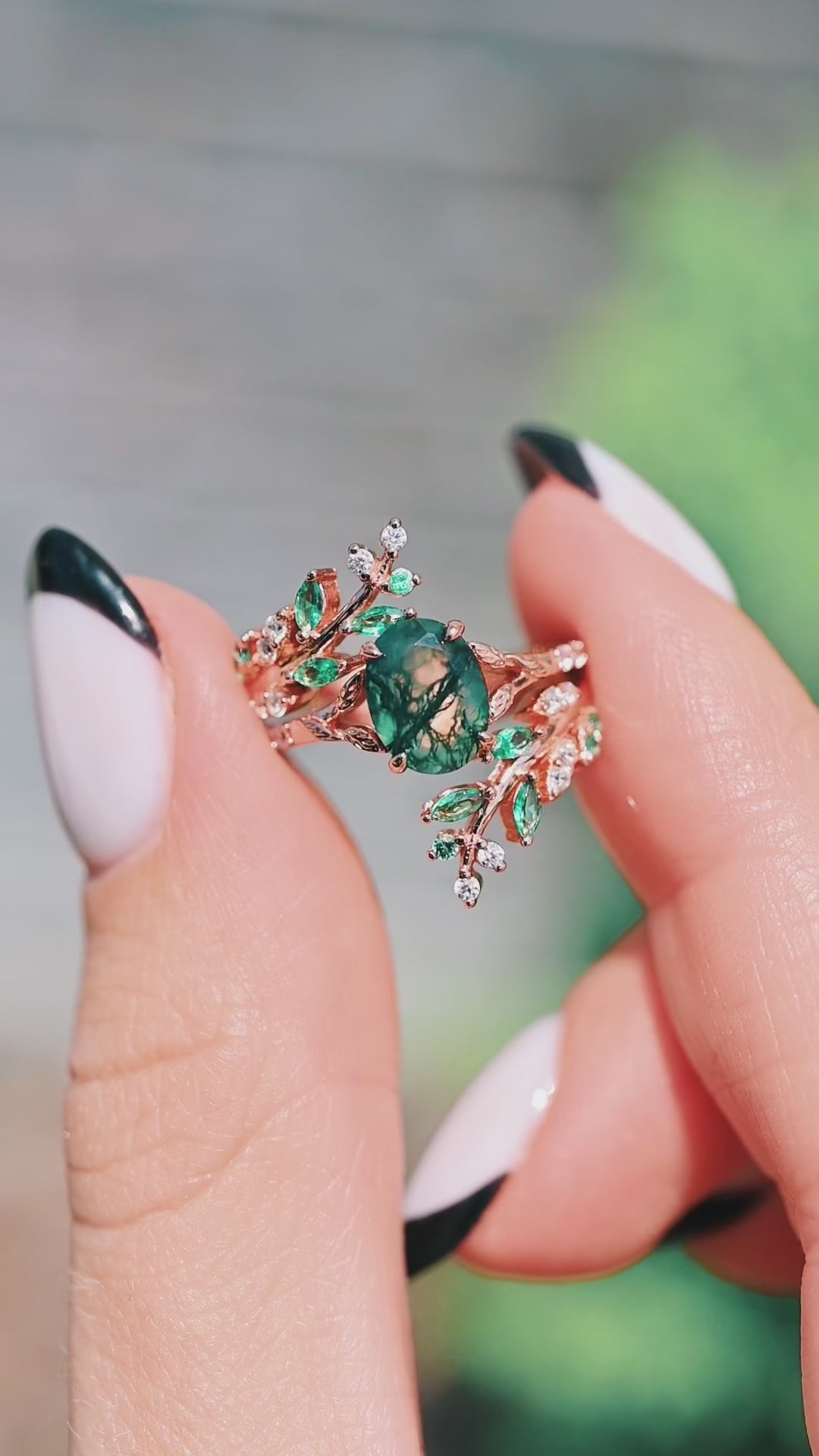 Green Moss Agate & Emerald Leaf Engagement Ring Set- 14K/ 18K Solid Rose Gold