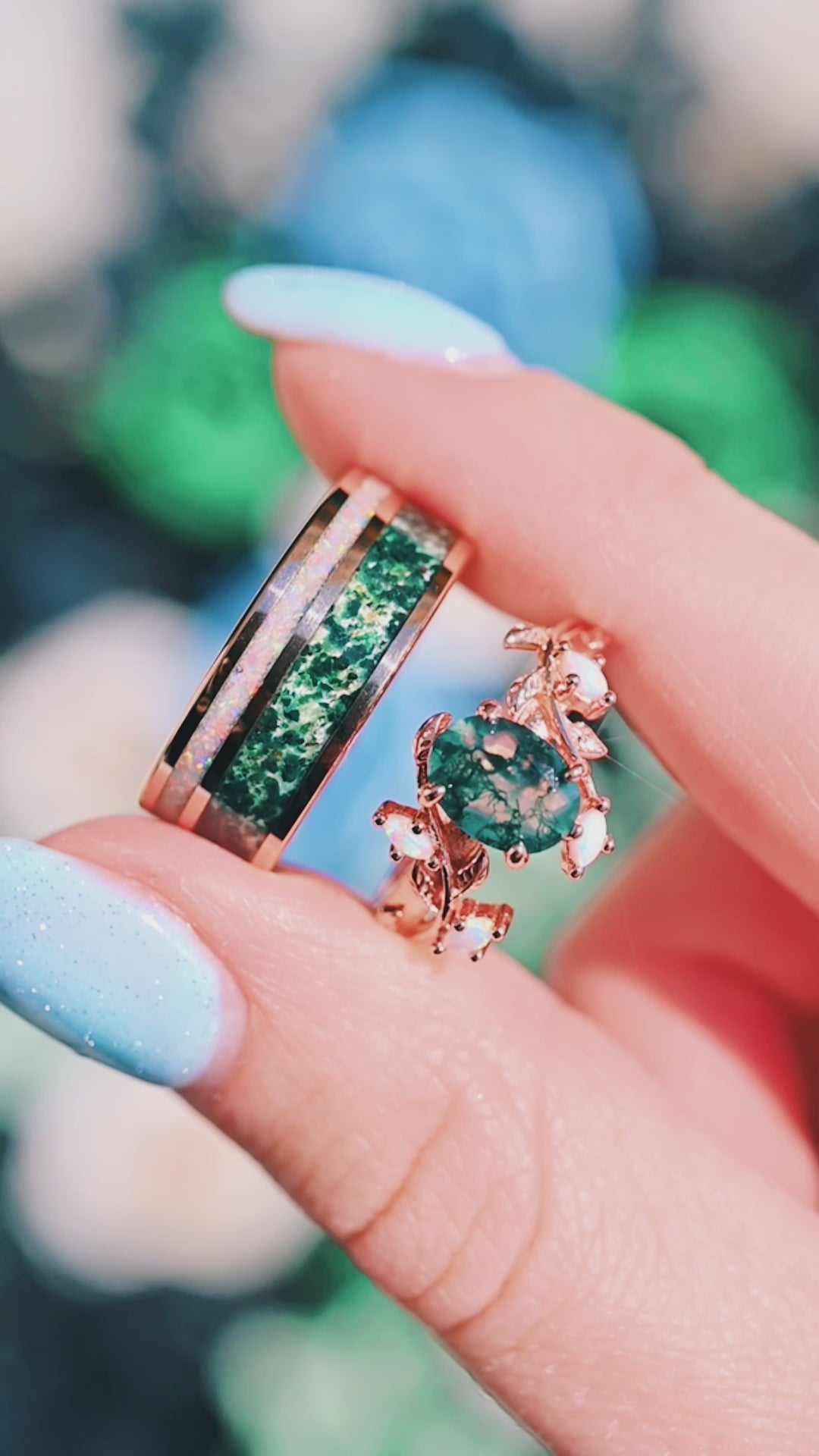 Moss Agate & Fire Opal Couples Ring