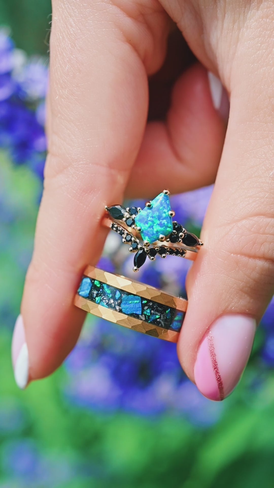 Kite Cut Blue Opal & Onyx Ring Set | Gold Vermeil – Aquamarise