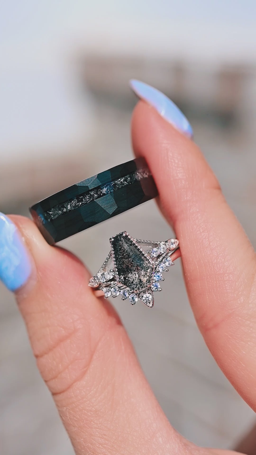 Galaxy Salt & Pepper (Herkimer) Diamond & Meteorite Couples Ring Set