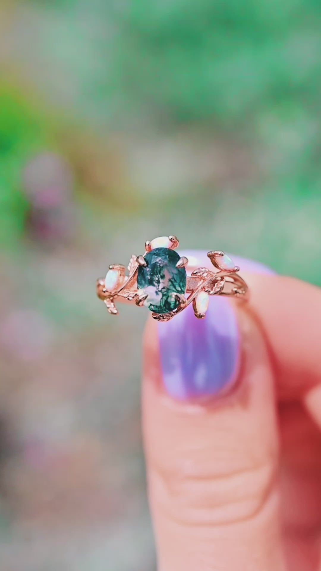 Green Moss Agate & Opal Leaf Ring- 14K Solid Rose Gold