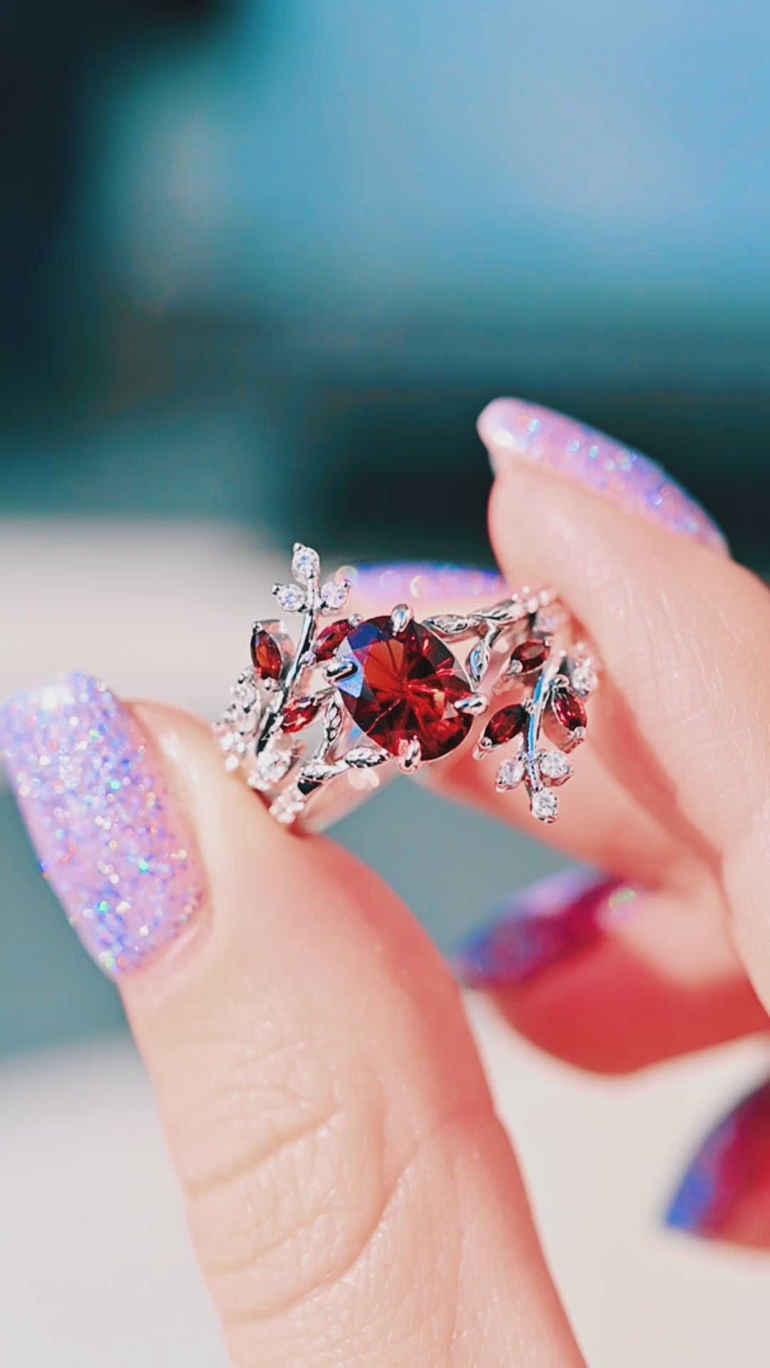 Star Cut Nature Red Garnet Leaf Engagement Ring Set- 14K White Gold