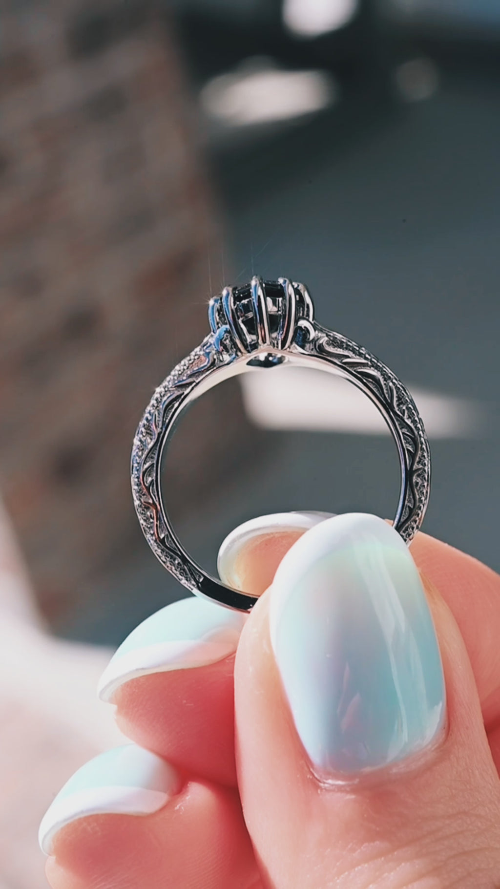 Video of the Victorian Gothic Scrollwork Black Onyx Ring in Black Ruthenium by Aquamarise, shown in motion
