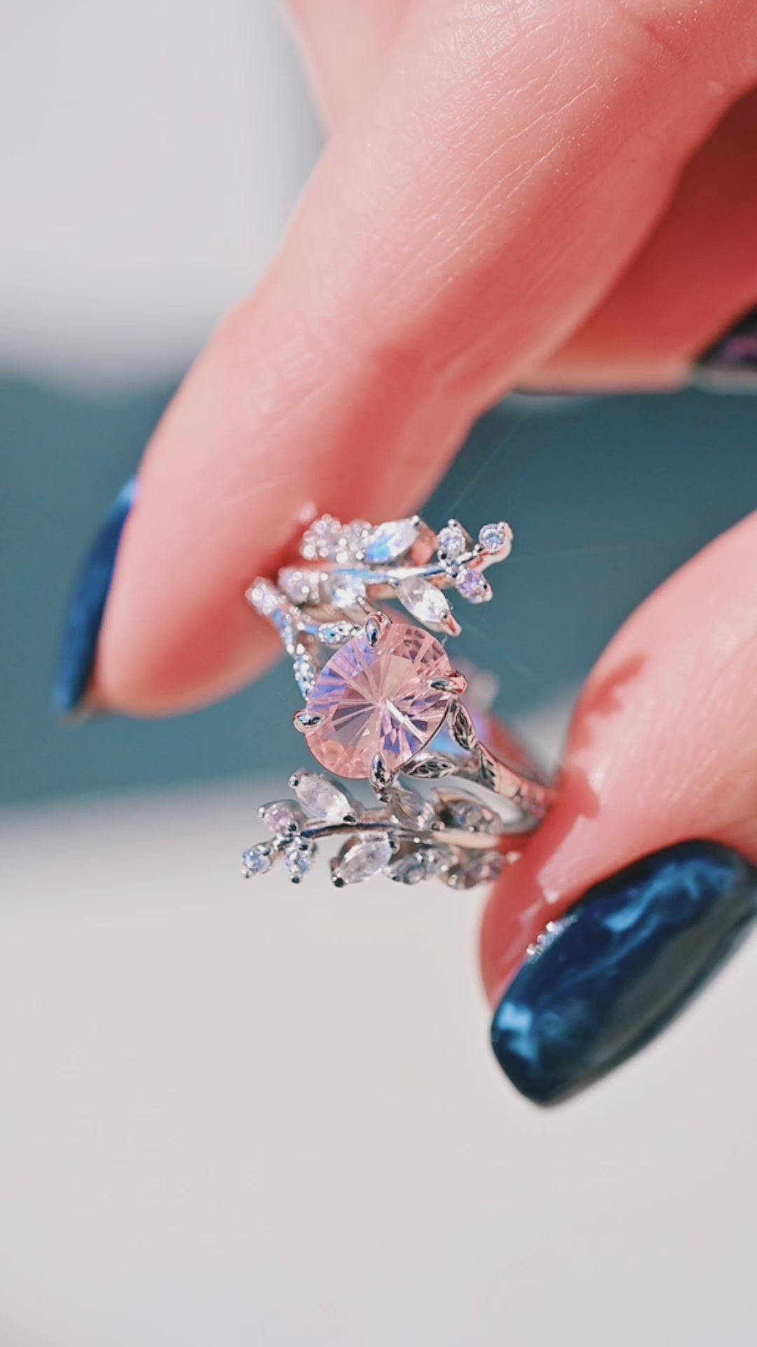 Morganite Fairy Leaf Ring Set- Sterling Silver (Fantasy Cut)