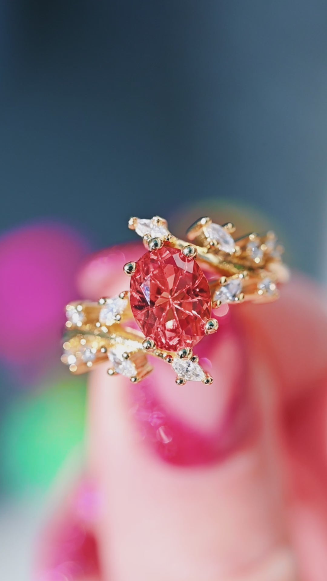 Padparadscha Fantasy Cut Orange Sapphire Leaf Ring- 14K Solid Yellow Gold