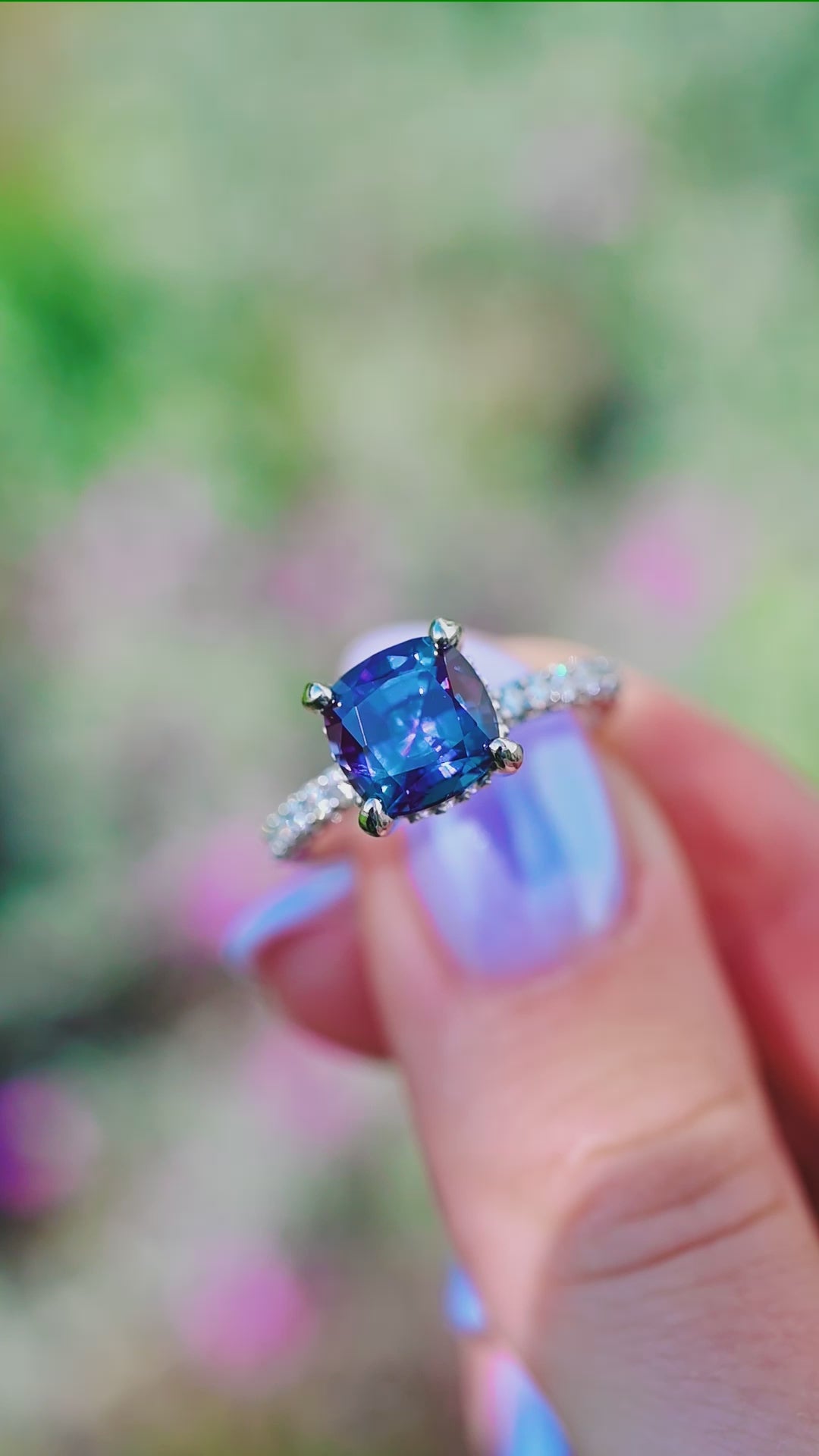 Cushion Hidden Halo Teal Alexandrite Ring- Sterling Silver