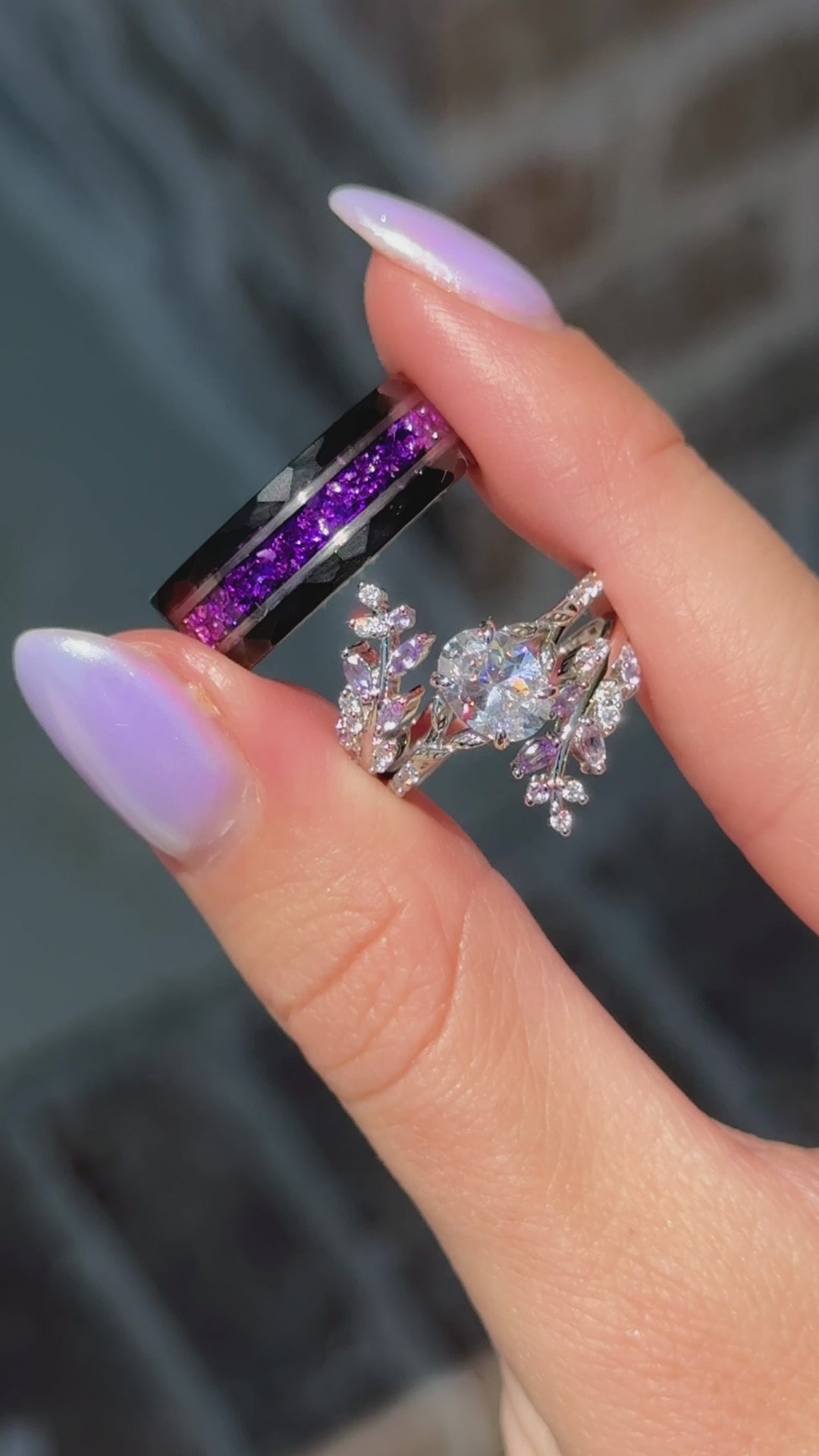 Amethyst & Diamond (cz) Leaf Couples Ring