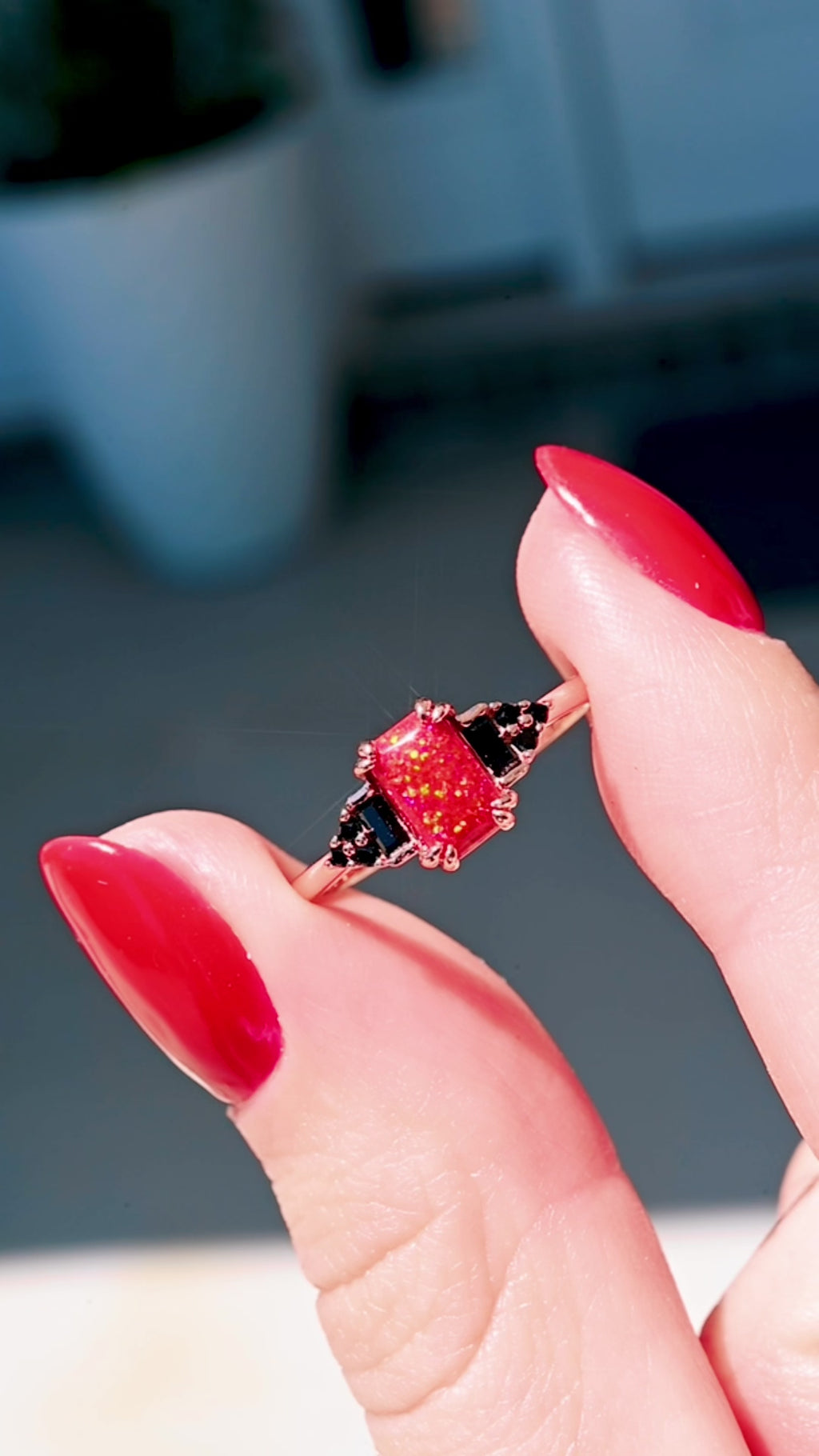 Red Fire Opal & Black Onyx Ring in 14K Rose Gold Vermeil unique engagement ring