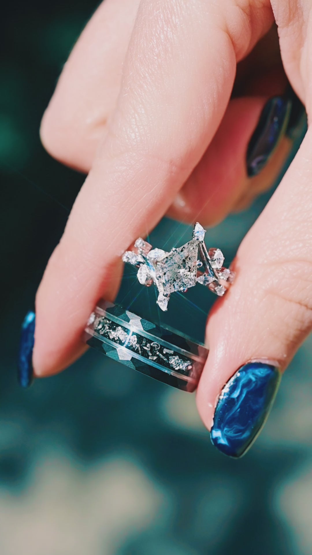 Galaxy Salt and Pepper (Herkimer) Diamond & Meteorite Couples Ring