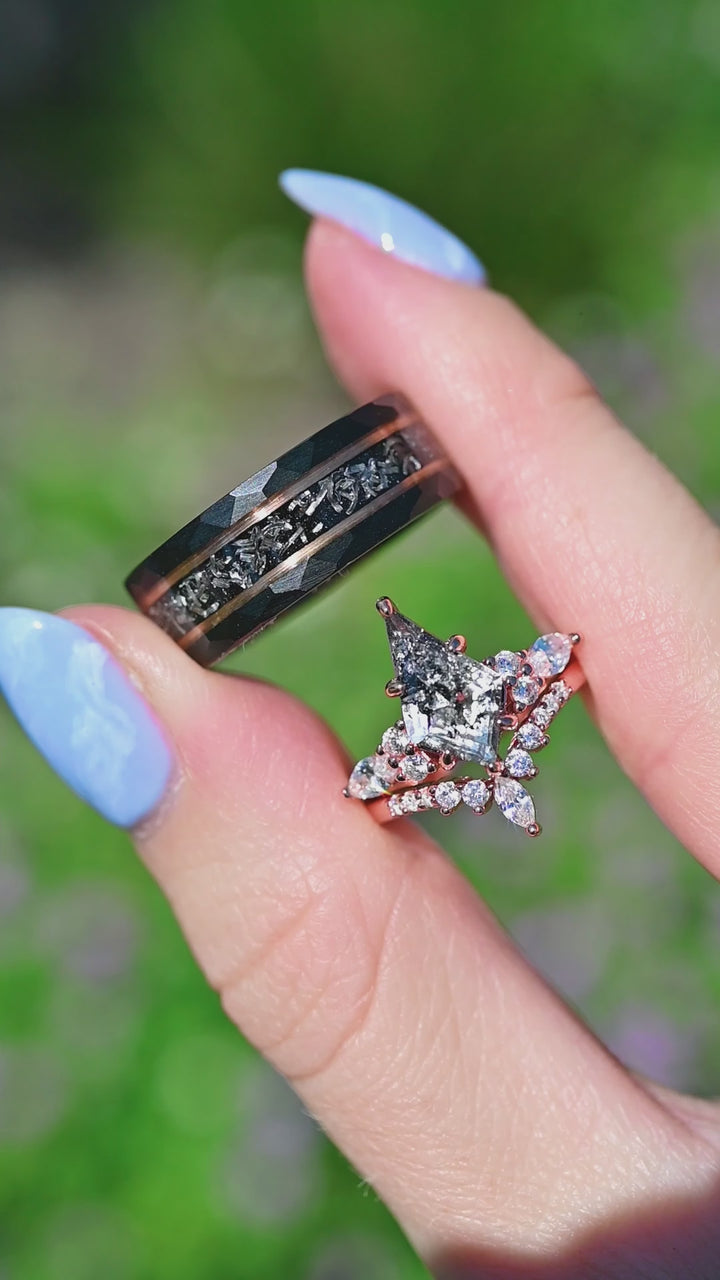 Galaxy Meteorite & Starry Hammered Wedding Band- 8MM Rose Gold/ Black Tungsten