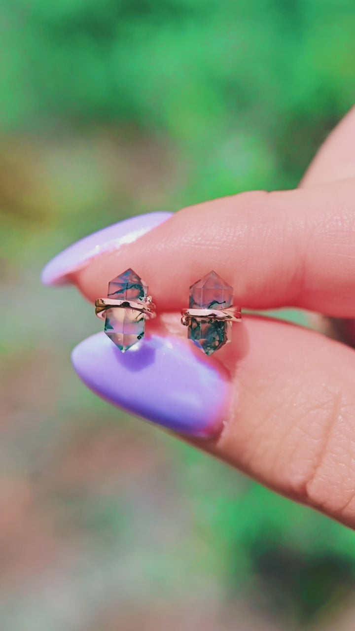 Raw Green Moss Agate Stud Earrings- 14K Rose Gold Vermeil