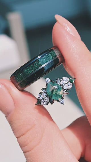 Video of the Noraleaf moss agate ring in black ruthenium and the matching moss agate and black onyx tungsten band held together