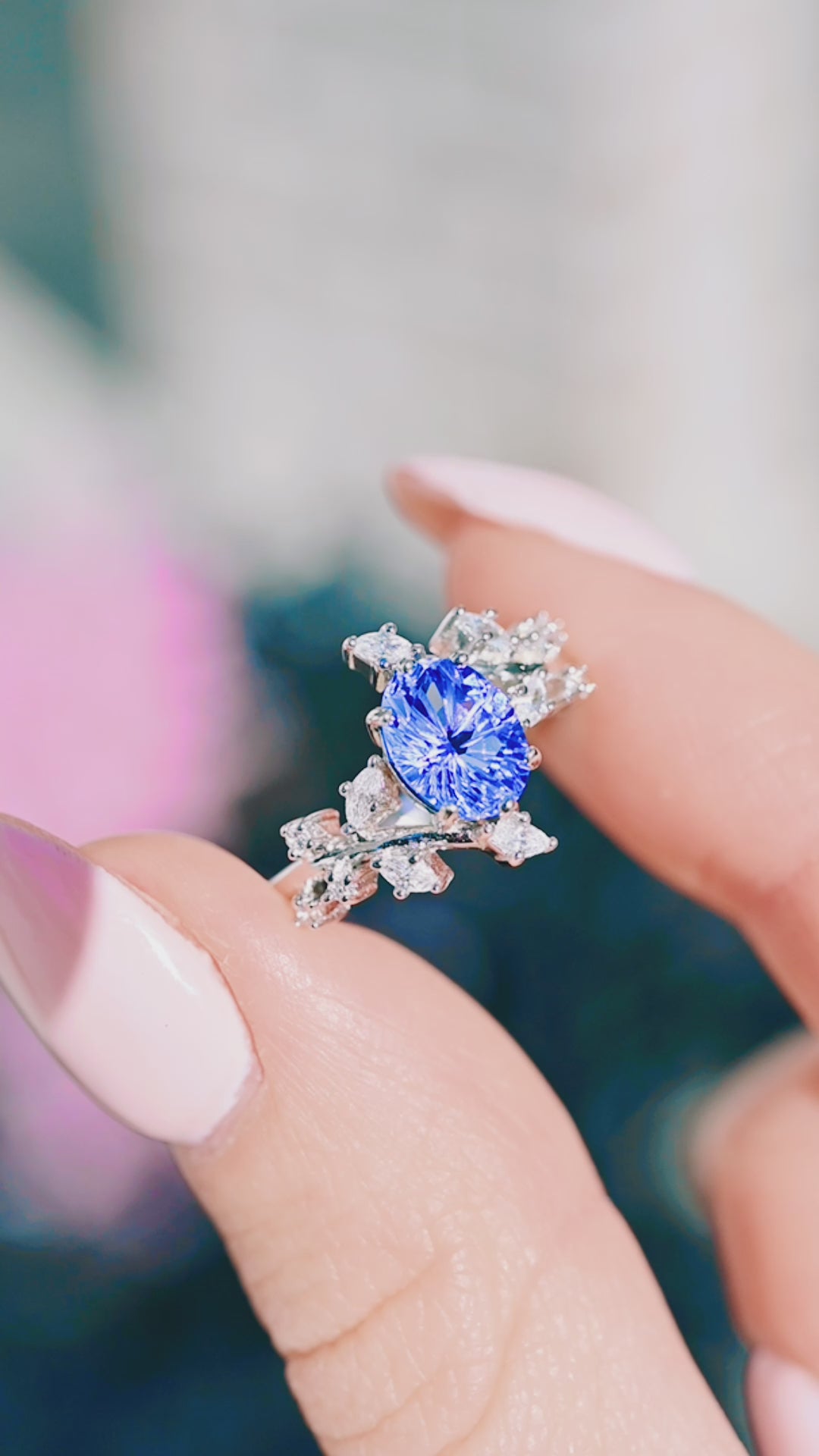 Sapphire Fantasy Cut Leaf Ring- 14K White Gold