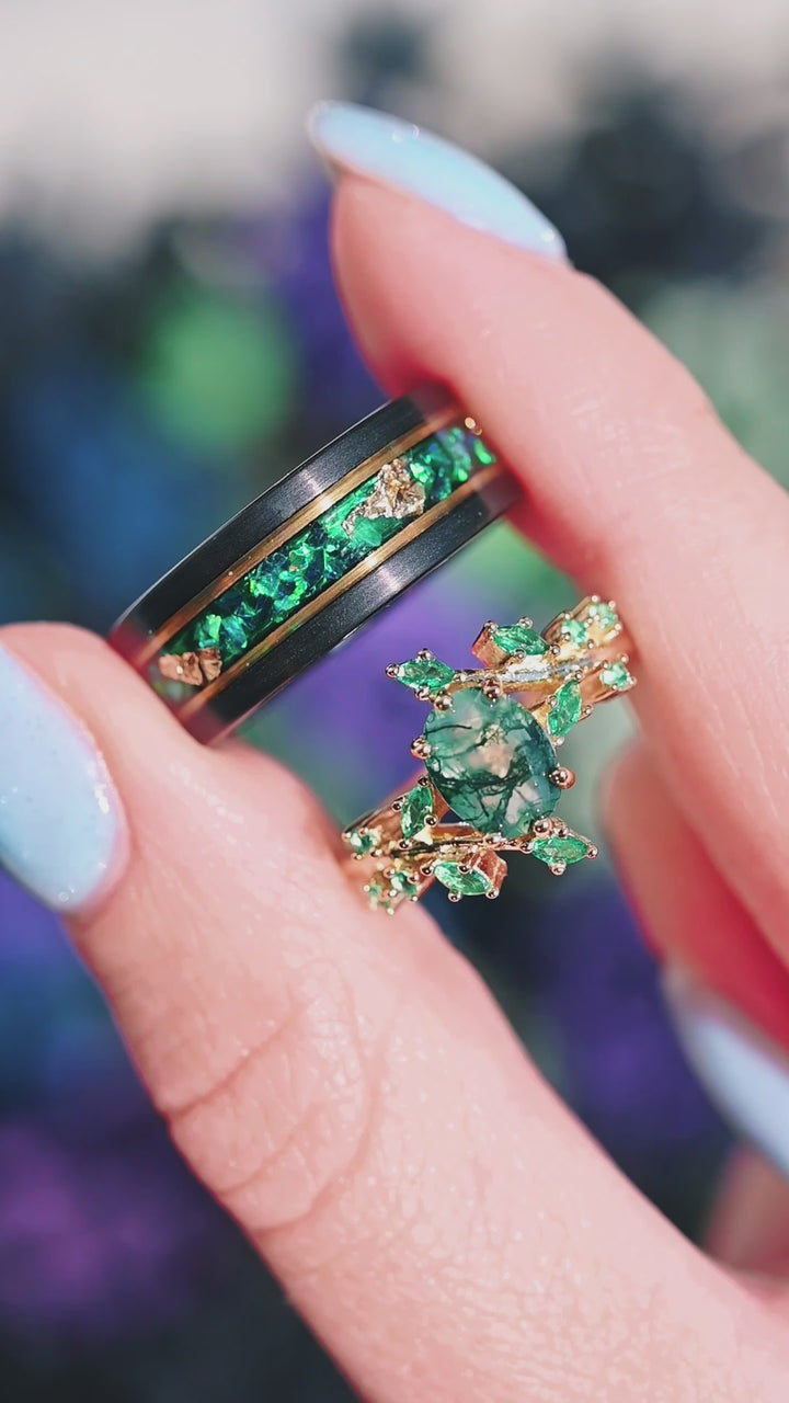 Green Moss Agate & Fire Opal & Gold Leaf Couples Ring