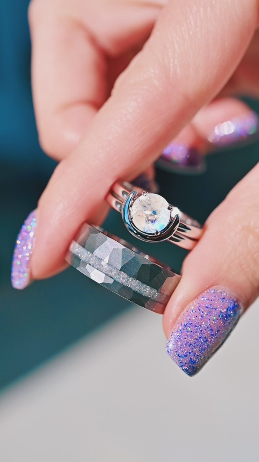 Crescent Moon Moonstone Couples Ring Set | His & Hers – Aquamarise