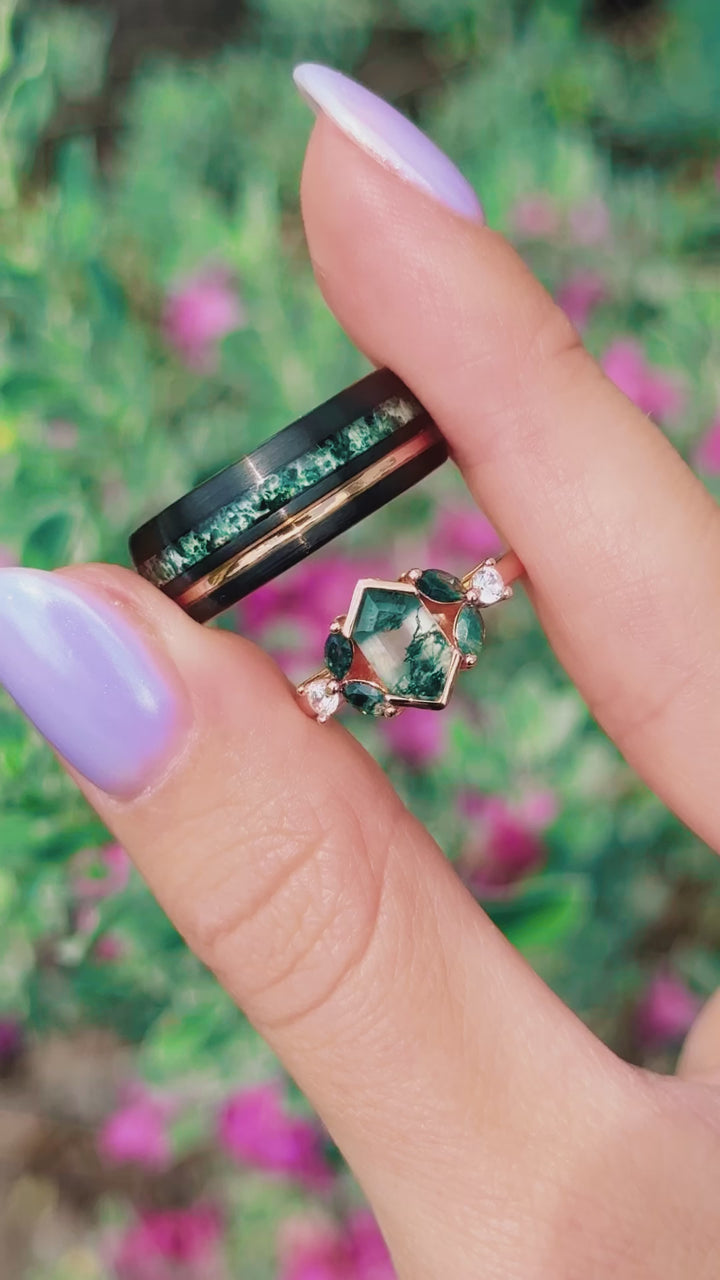 Hexagon Green Moss Agate Couples Ring Set