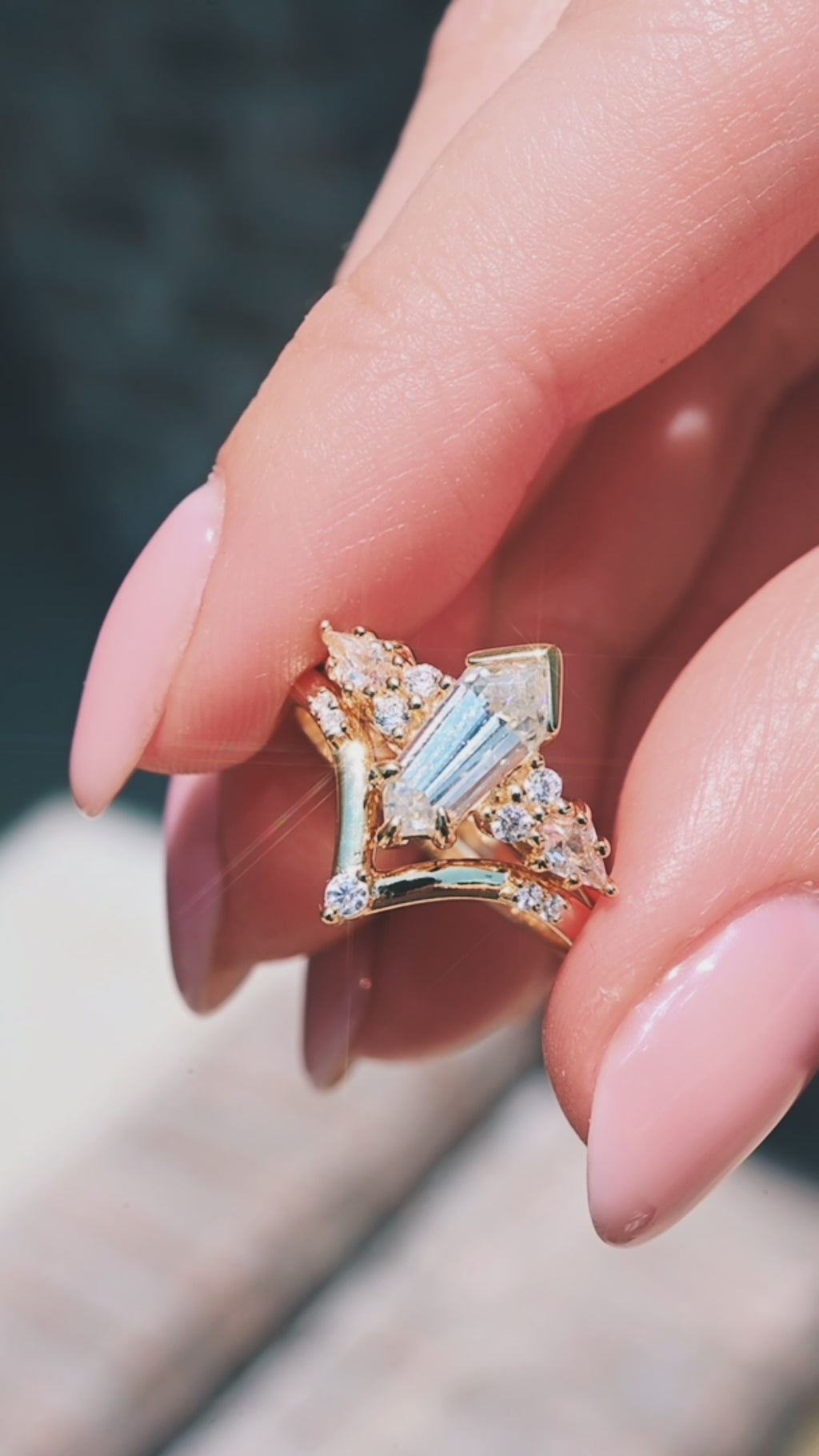 Video of the coffin and kite cut gothic diamond ring in solid 14K yellow gold by Aquamarise Gold, shown in motion