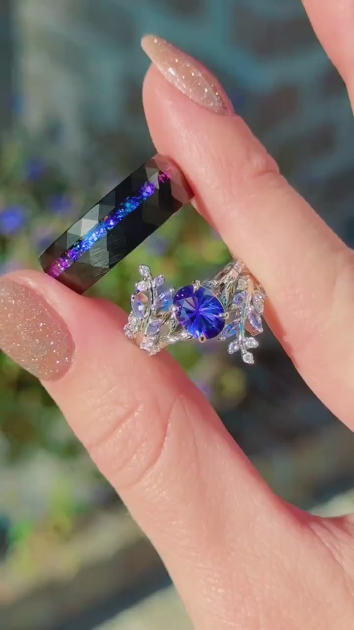 Orion Nebula™ & Cornflower Sapphire Leaf Couples Ring Set