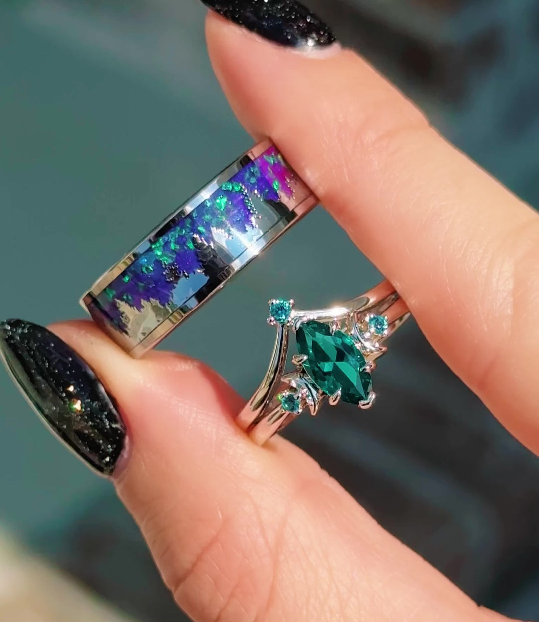 Borealis Forest & Teal Sapphire Couples Ring Set- Northern Lights & Trees