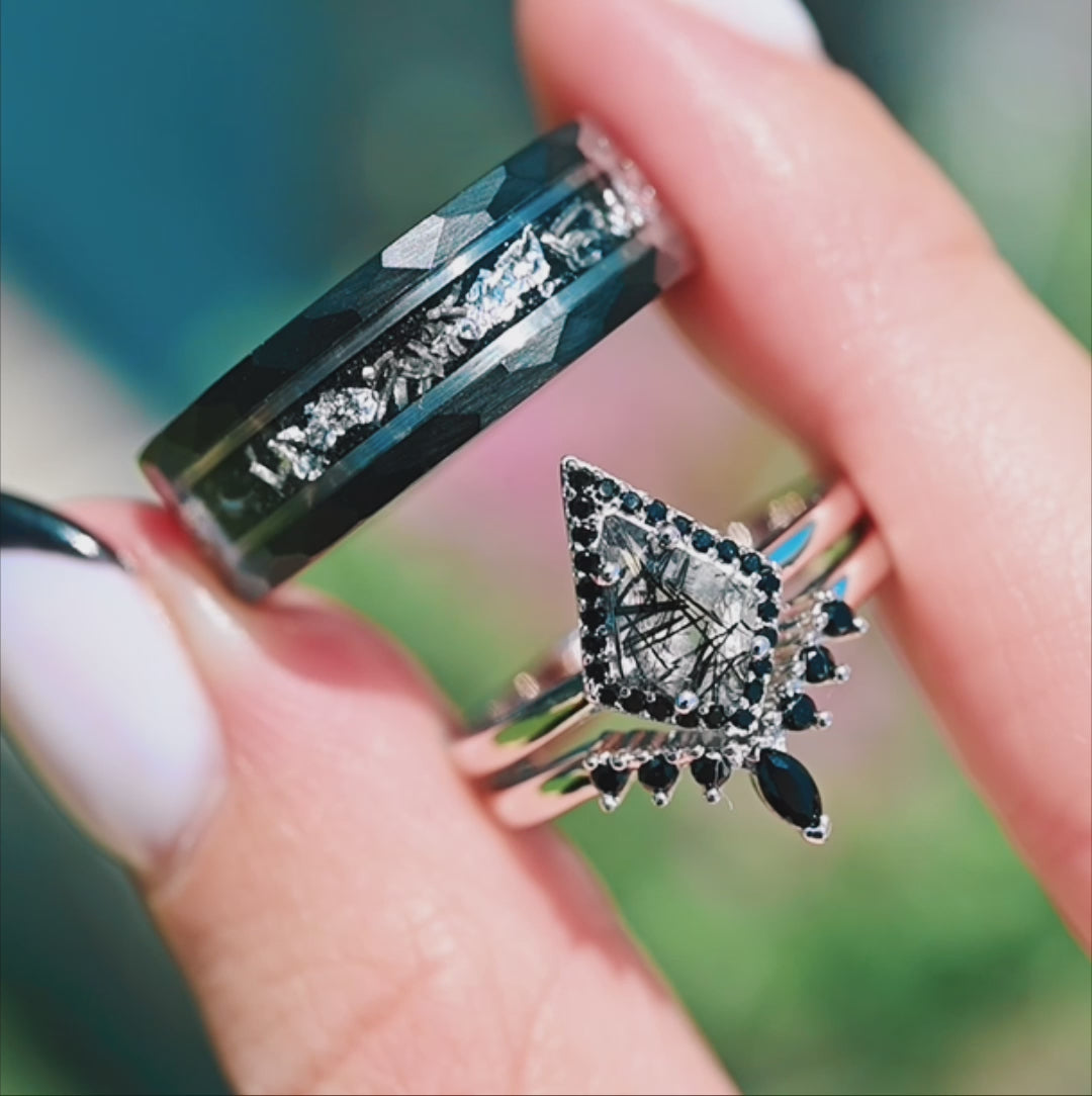 Rutilated Quartz, Starry Night, Meteorite & Black Diamond Couples Ring