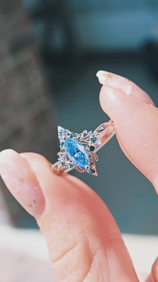 Blue Moissanite Marquise Butterfly Fairy Engagement Ring in Sterling Silver