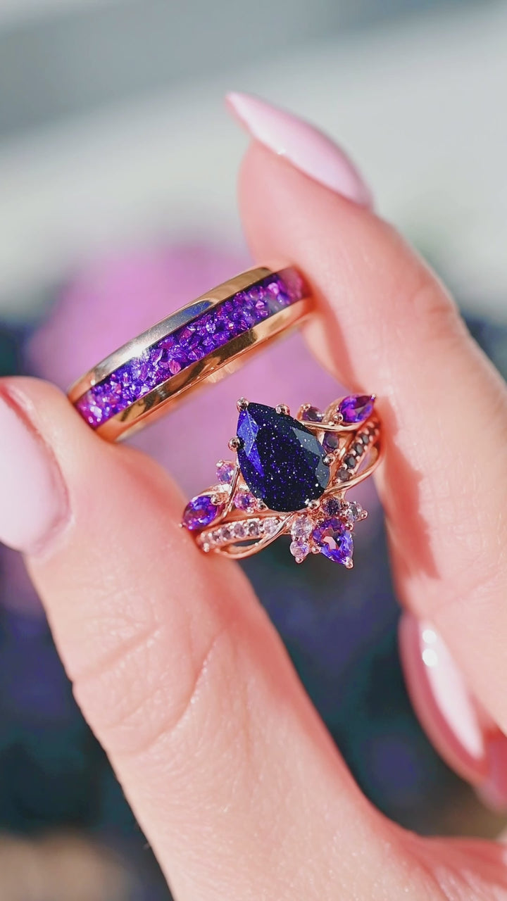 Feyre Starry Night & Amethyst Couples Ring Set