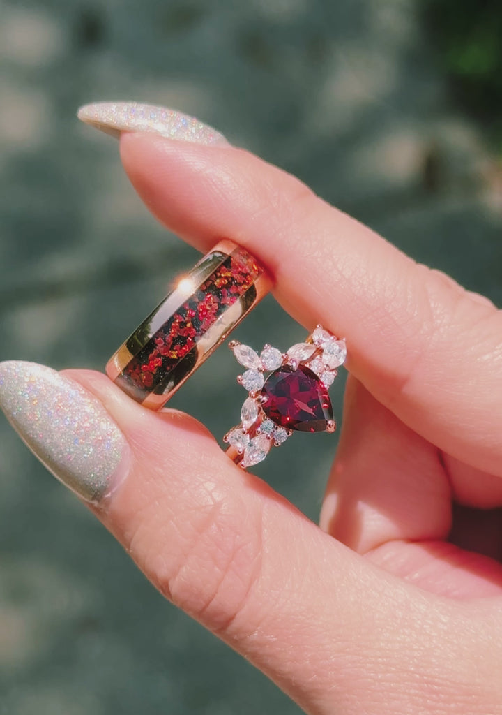 Red Fire Opal & Garnet & Galaxy Sandstone Couples Ring