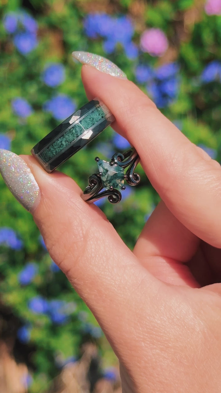 Green Moss Agate Twirl Couples Ring Set