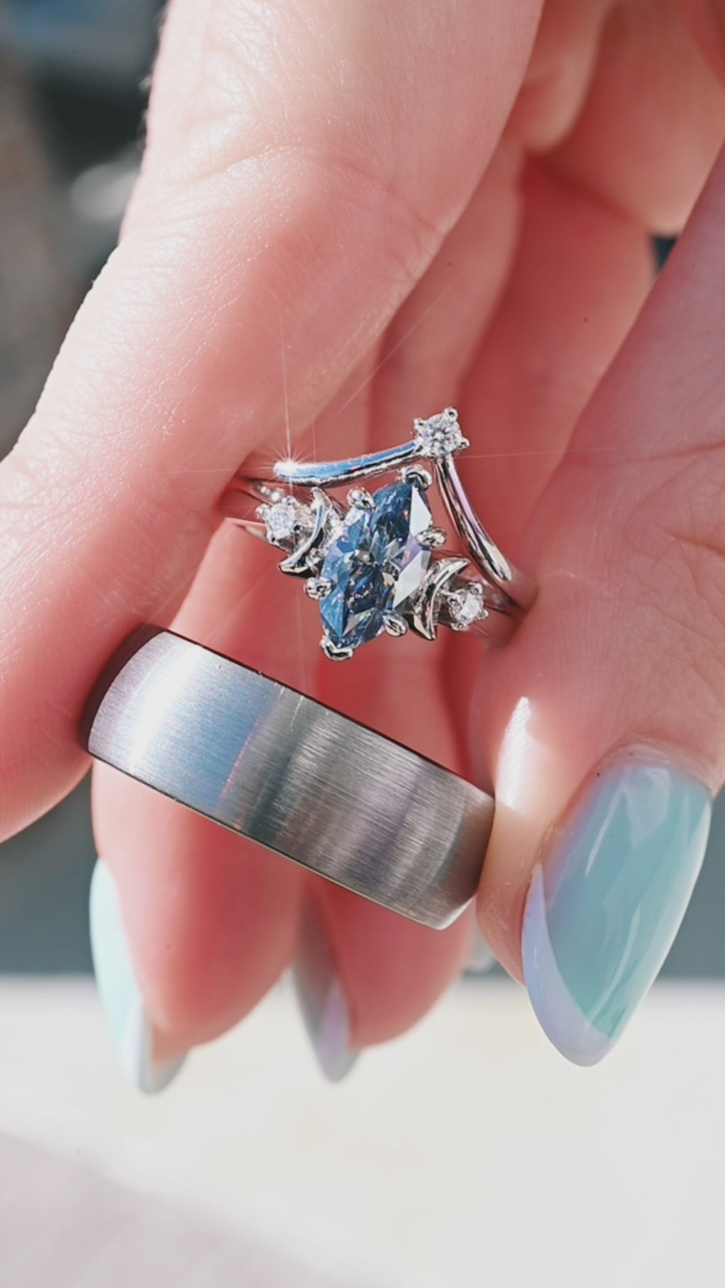 Gray Moissanite Crescent Moon Couples Ring Set