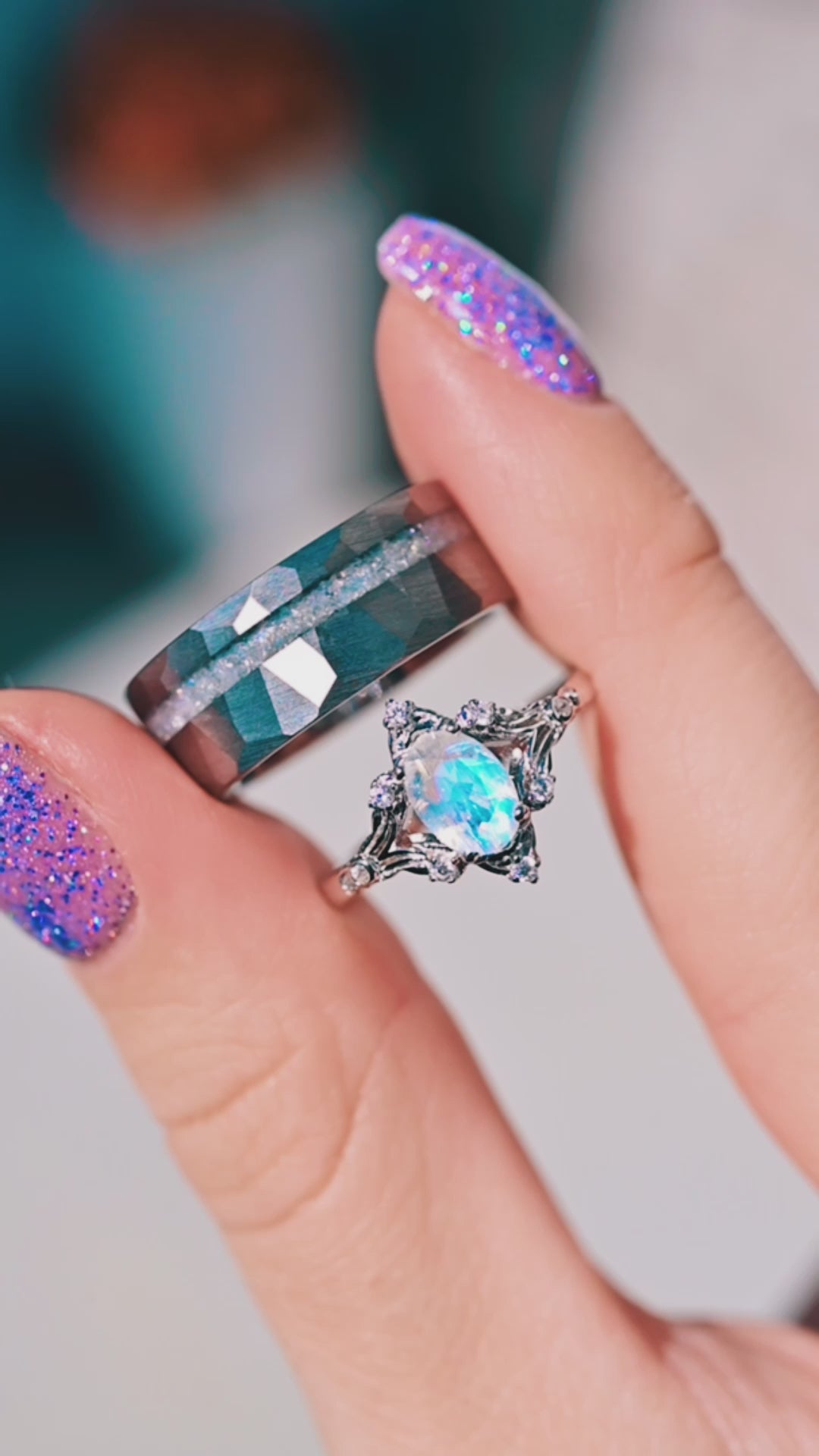Crushed Moonstone Wedding Band- 8MM Tungsten – Aquamarise