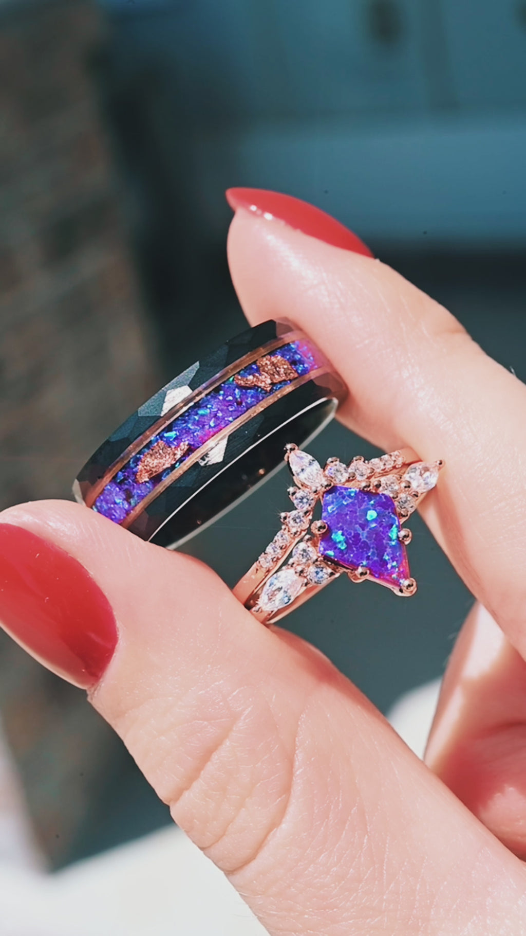 Skye Kite® Purple Fire Opal Couples Ring Set – Aquamarise