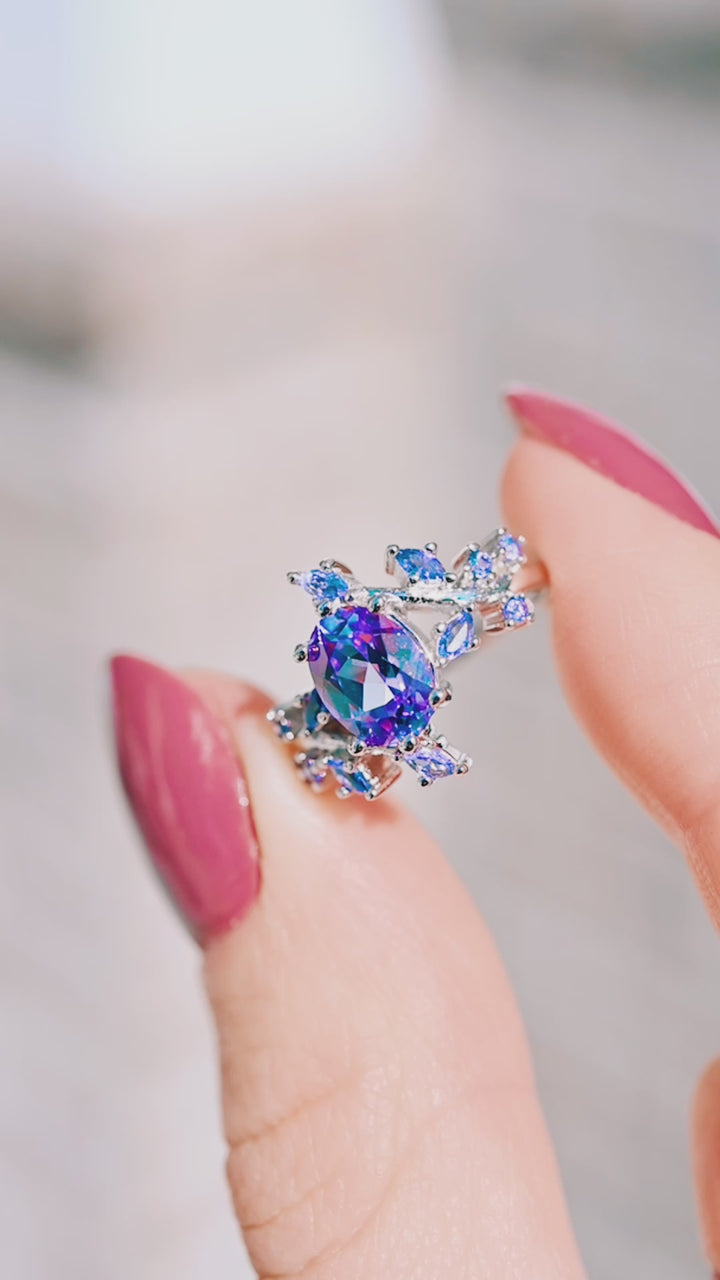 Alexandrite & Cornflower Sapphire Fairy Leaf Ring- Sterling Silver