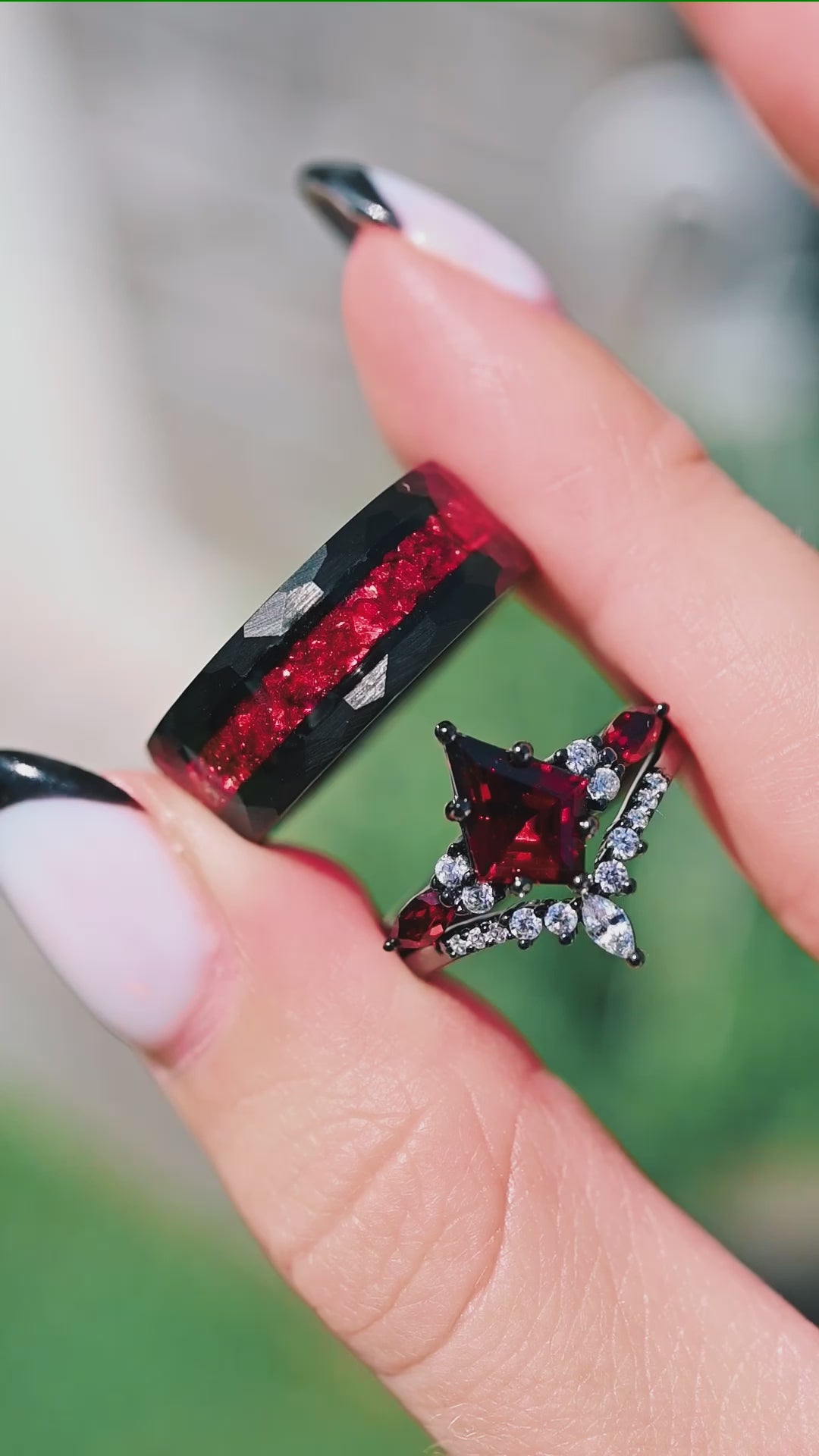 Skye Natural Red Garnet Couples Ring Set- His and Hers Matching Wedding Band