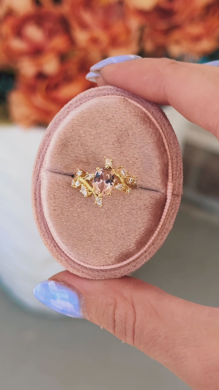 Morganite Fairy Leaf Engagement Ring- 14K Solid Yellow Gold