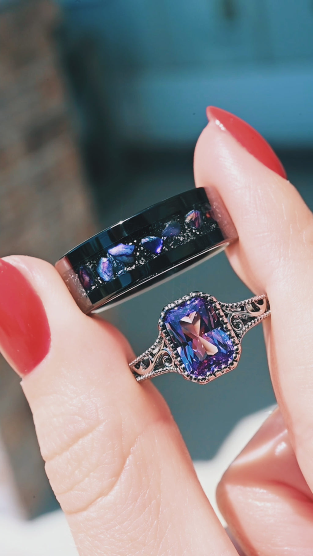 Video of the alexandrite and mother of pearl couples ring set by Aquamarise, shown in motion