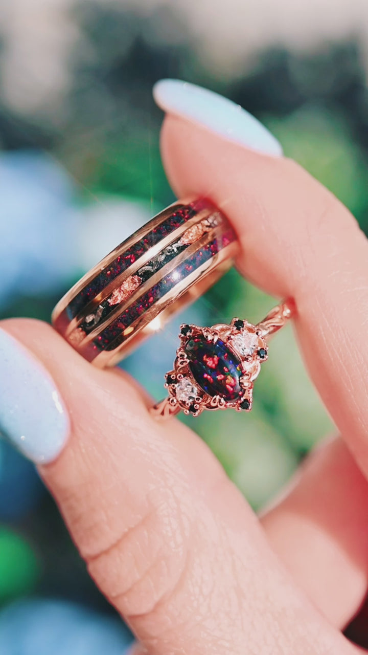 Black Fire Opal & Meteorite Couples Ring