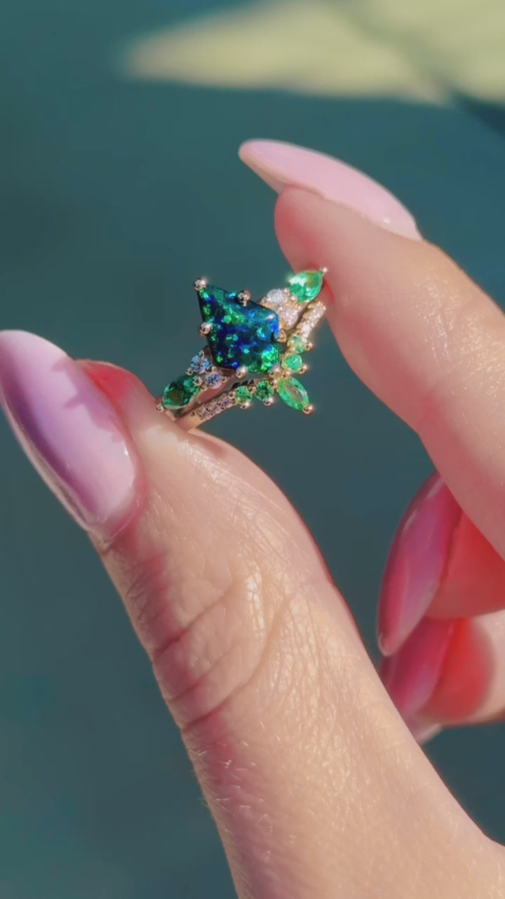 Skye Kite™  Peacock Opal & Emerald Engagement Ring Set- 14K Rose Gold Vermeil