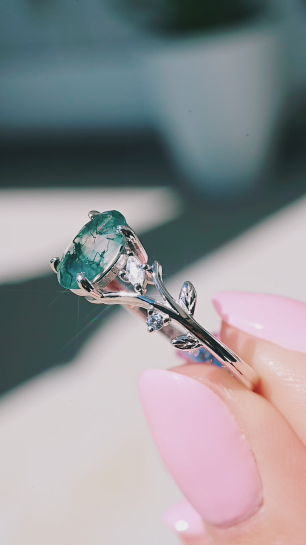 Moss Agate Nature Inspired Leaf Engagement Ring in 14K White Gold